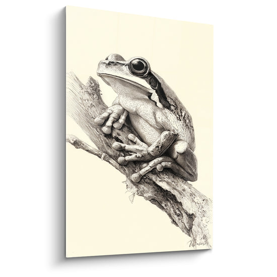 Tableau Grenouille noire et ivoire sur branche noueuse - Étude au trait fin - Edition grenouille