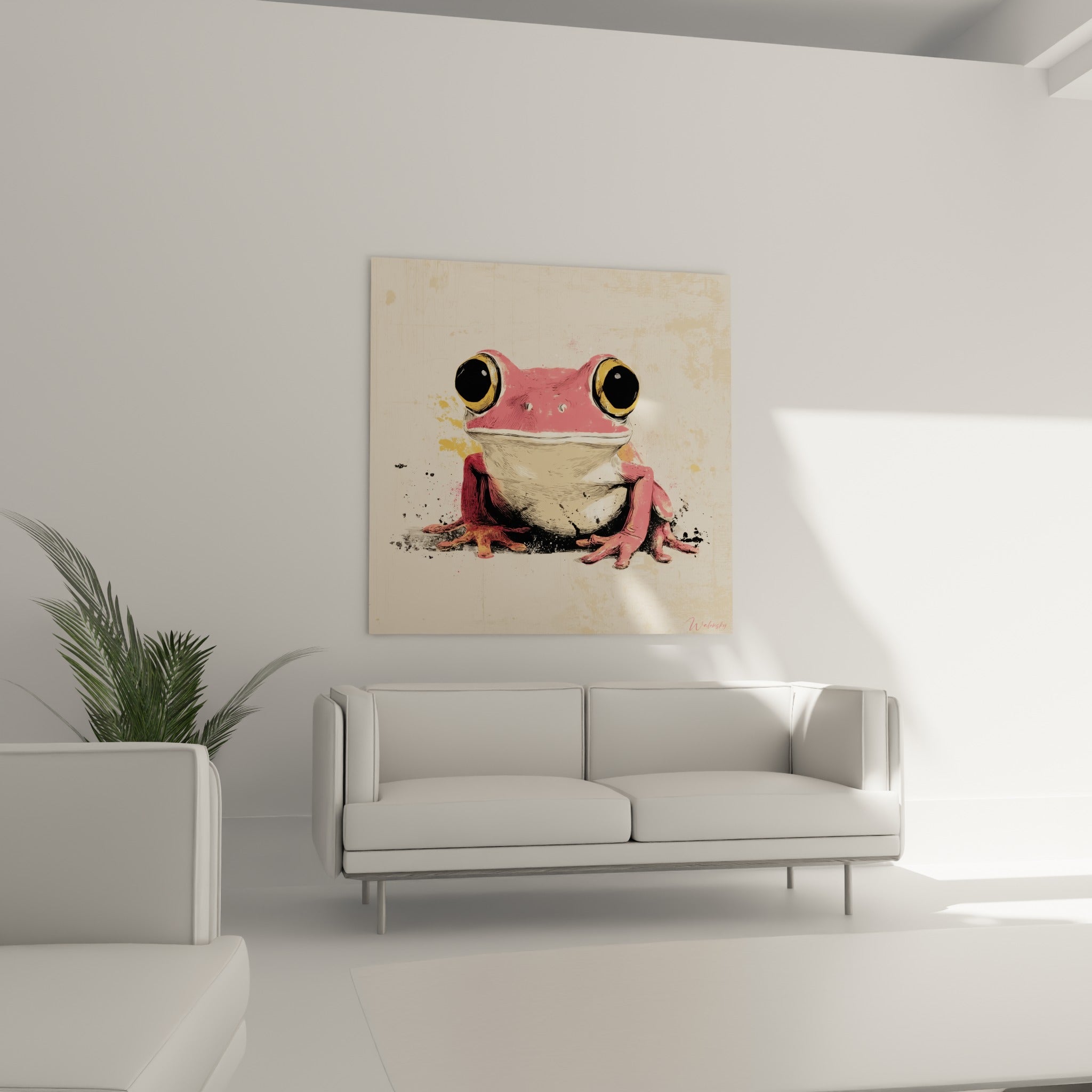 Pattes roses et ventre crème de la grenouille illustrée au-dessus d'un canapé dans un salon lumineux