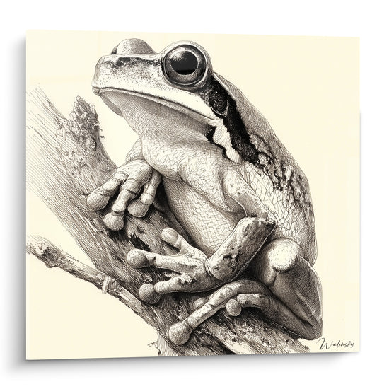 Grenouille arboricole ivoire et noire agrippée à une branche, style gravure fine et détaillée