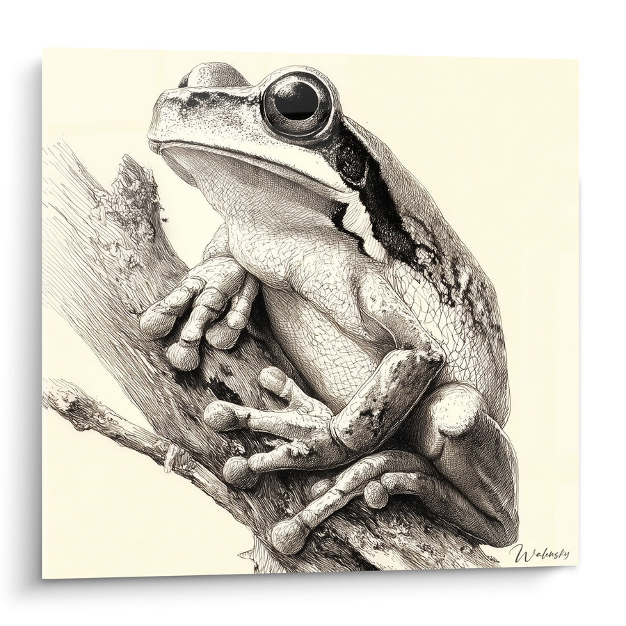 Tableau Grenouille arboricole ivoire et noire sur une branche - Étude naturaliste - Edition grenouille