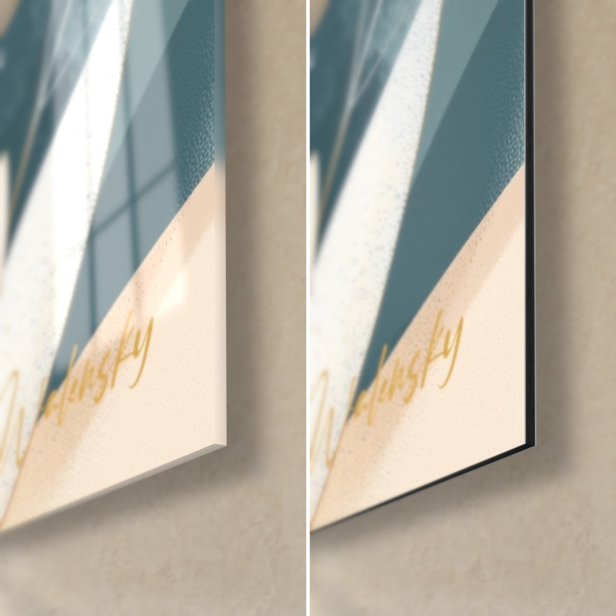 Wall art zen frog, bottom right: gold signature on cream and blue background, glossy glass on the left, matte Dibond on the right, thin edge