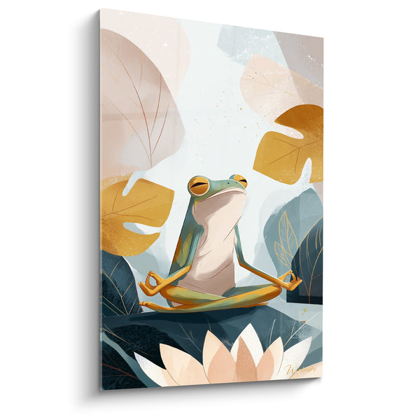 Tableau Grenouille verte et dorée mains jointes fleur de lotus - Feuilles monstera dorées - Edition grenouille