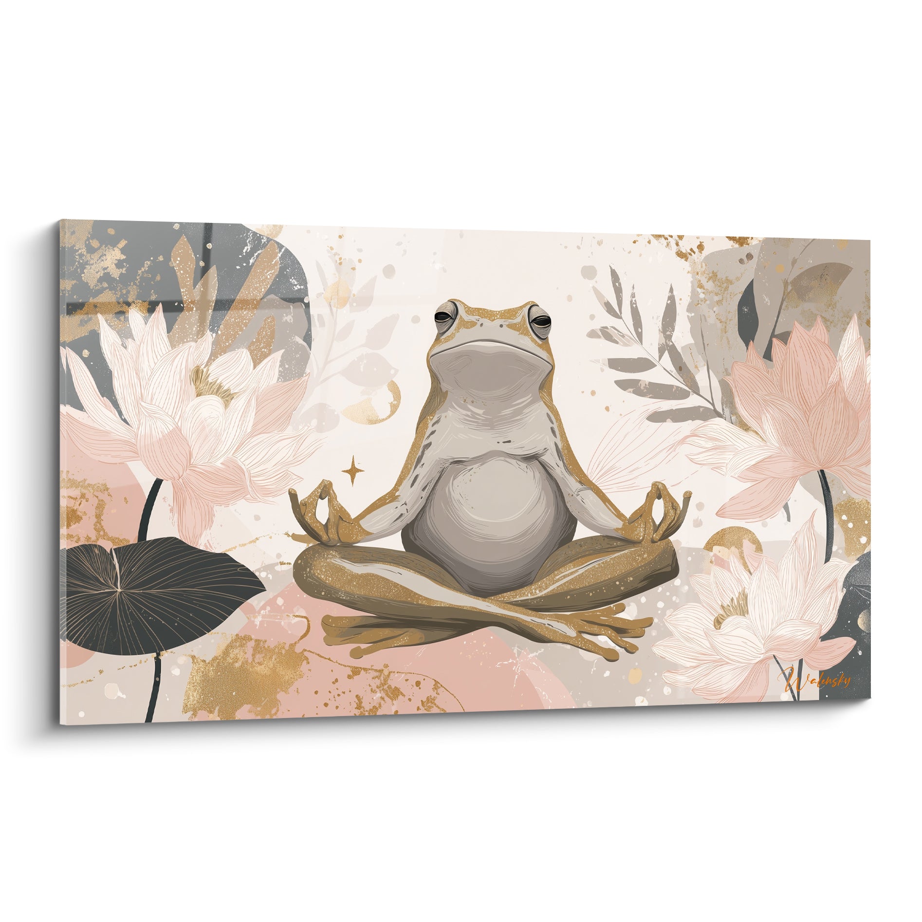 Grenouille dorée en posture de méditation entourée de lotus roses et de feuillage anthracite