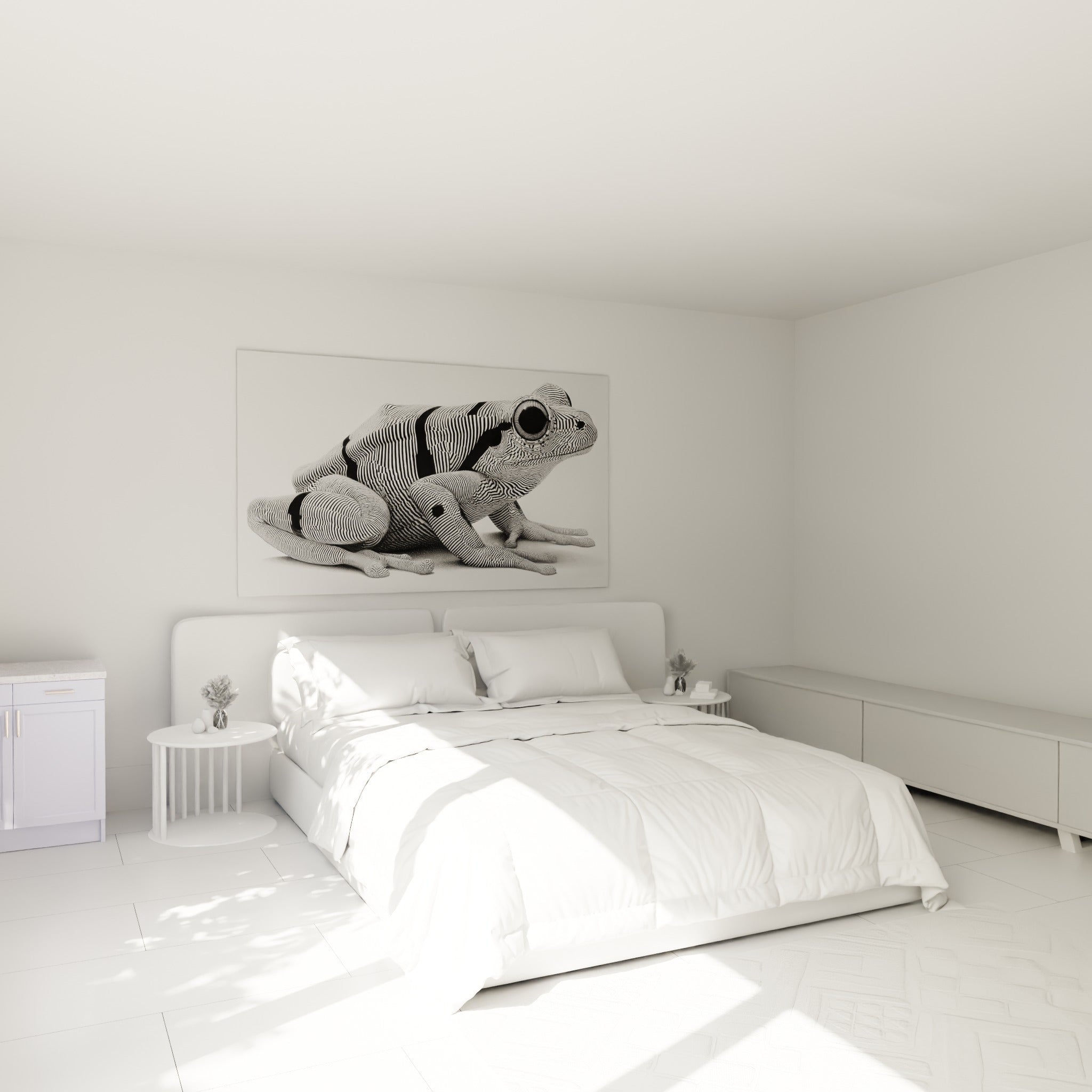 Motif rayé noir et blanc d'une grenouille hypnotique au-dessus d'un lit dans une chambre claire
