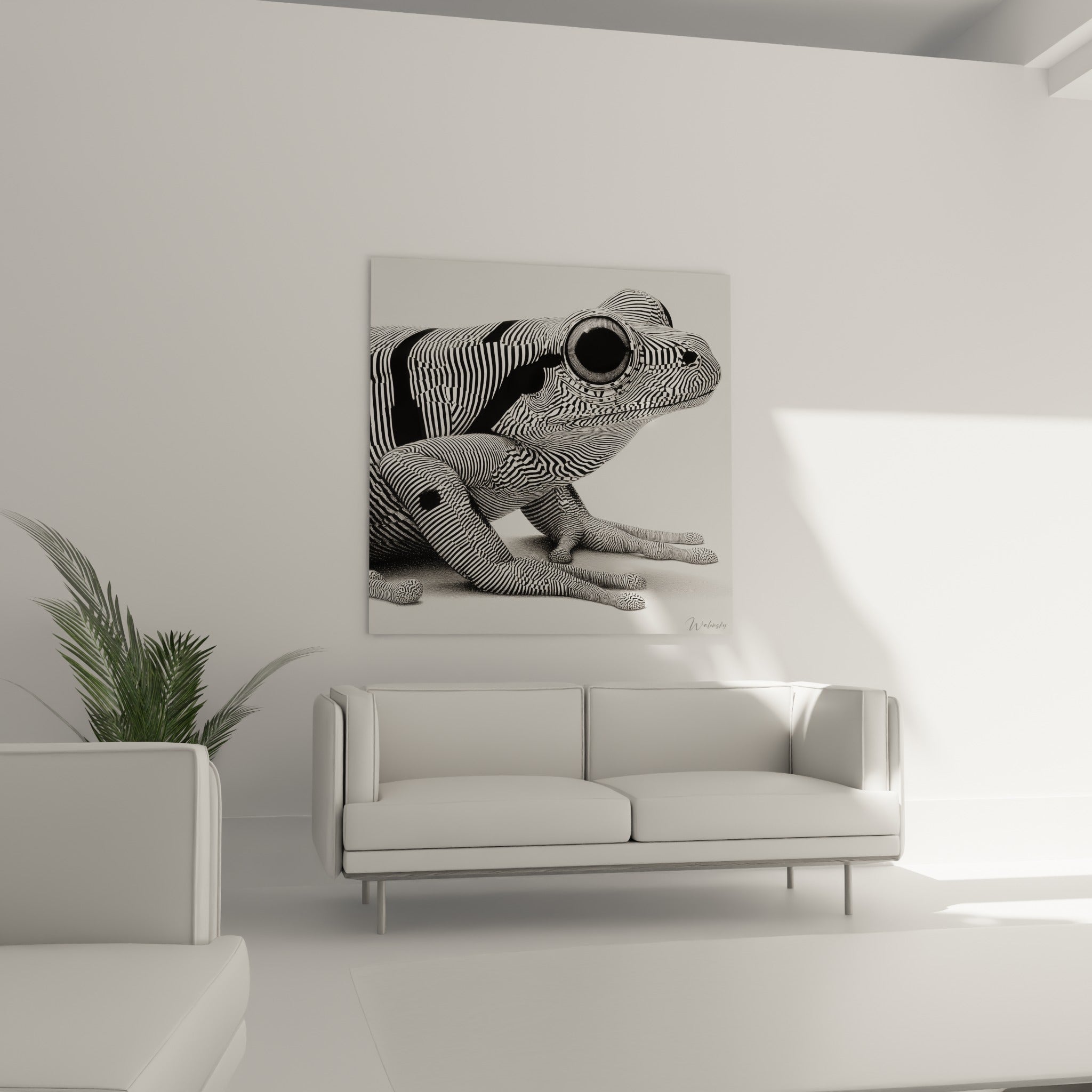 Reptile amphibien aux lignes noires et blanches vibrantes, suspendu au-dessus d'un canapé dans un salon lumineux.