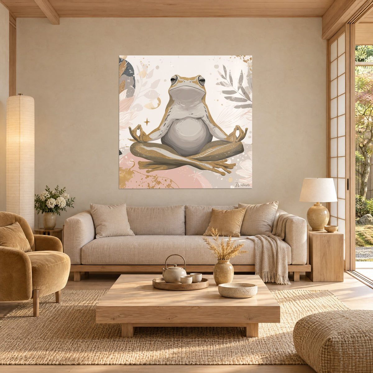 Gemälde Goldener Frosch im Lotussitz, runder grauer Bauch auf cremefarbenem und puderrosa Grund, über einem Sofa in einem hellen Wohnzimmer