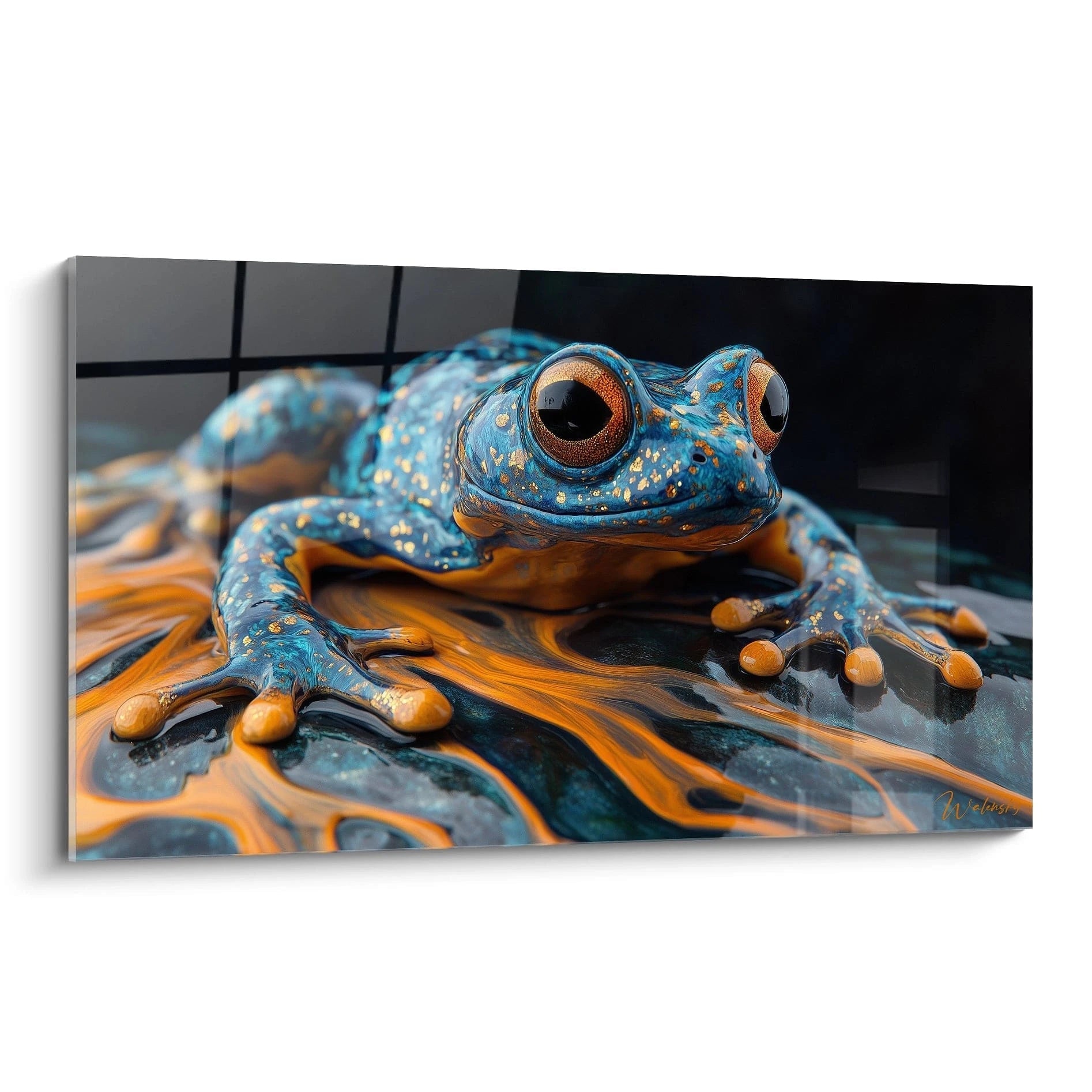 Un tableau grenouille hyperréaliste aux teintes bleu turquoise parsemé de taches dorées et orange, posé sur une surface fluide ambrée. Les grands yeux expressifs et la texture luisante de sa peau créent un contraste saisissant sur fond noir.
