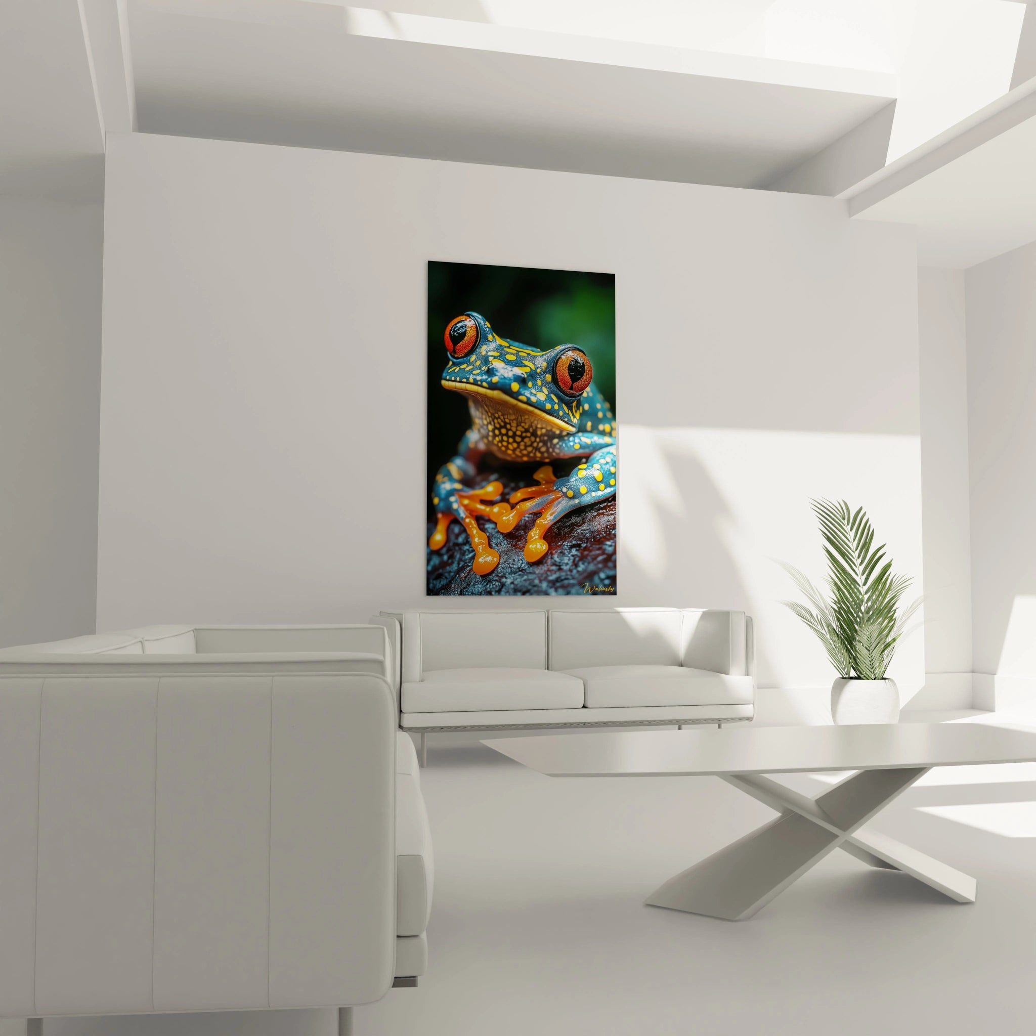 Tableau grenouille présentant un amphibien exotique aux yeux rouges globuleux et pupilles verticales, corps bleu intense décoré de motifs jaunes circulaires, pattes orangées brillantes et peau à texture lisse et humide sur fond sombre estompé.
