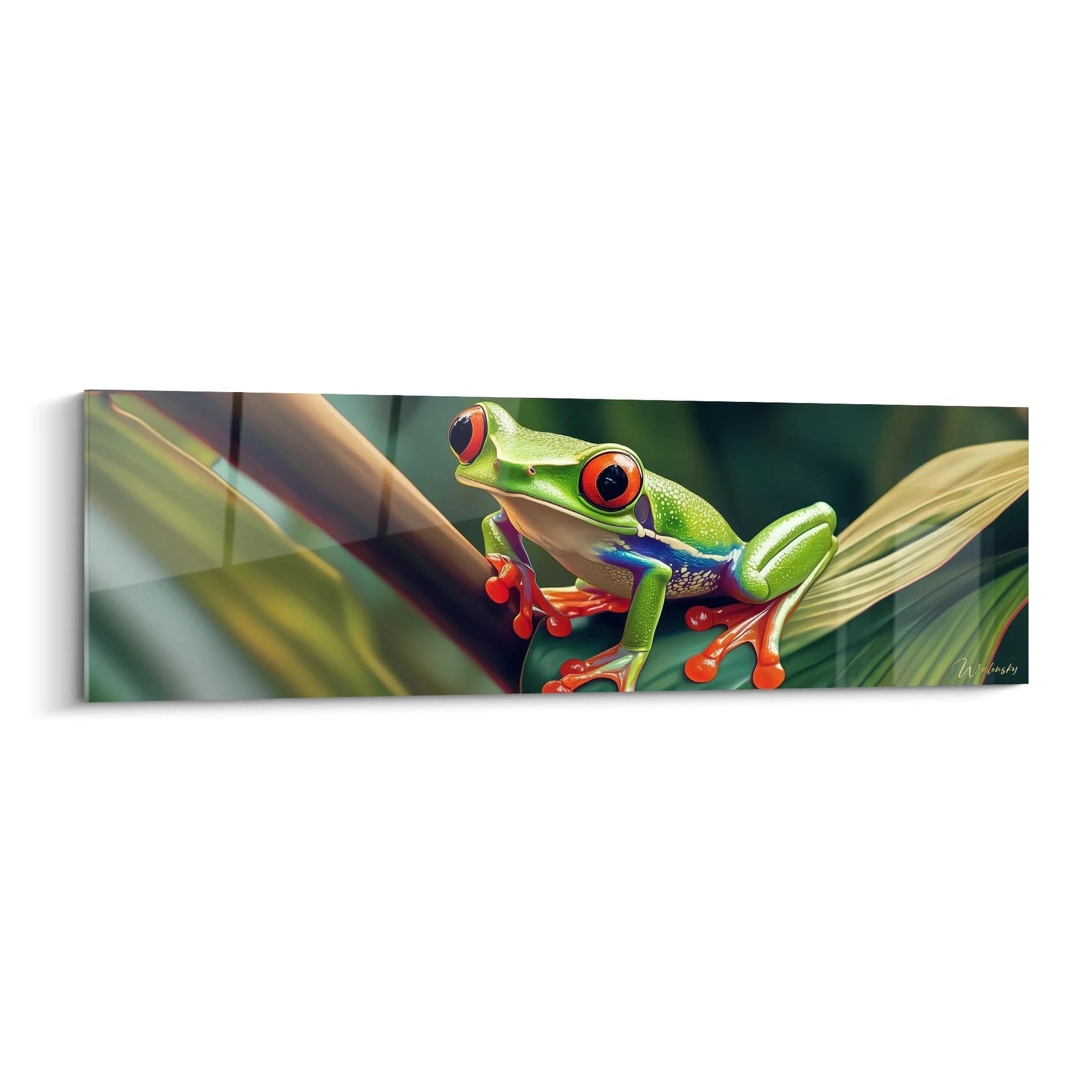 Tableau grenouille colorée de Walensky avec une grenouille verte aux yeux rouges sur une feuille