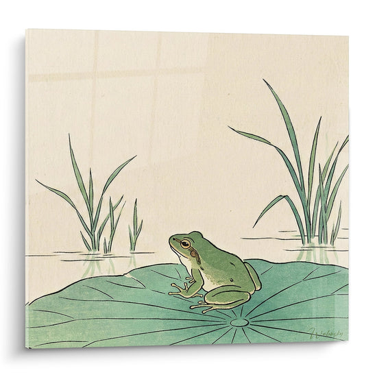 Quadro rana verde su ninfea in stagno zen con tonalità beige - Serenità Acquatica - Edizione Risaie