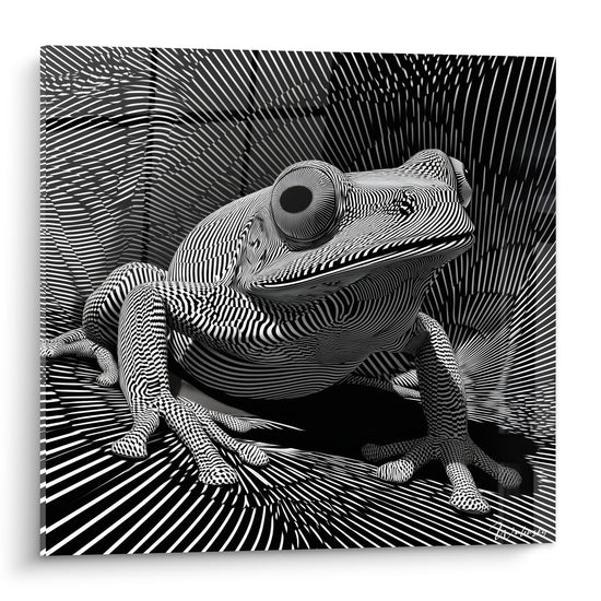 Grenouille accroupie aux lignes noir et blanc hypnotiques, œil sombre perçant, style graphique intense