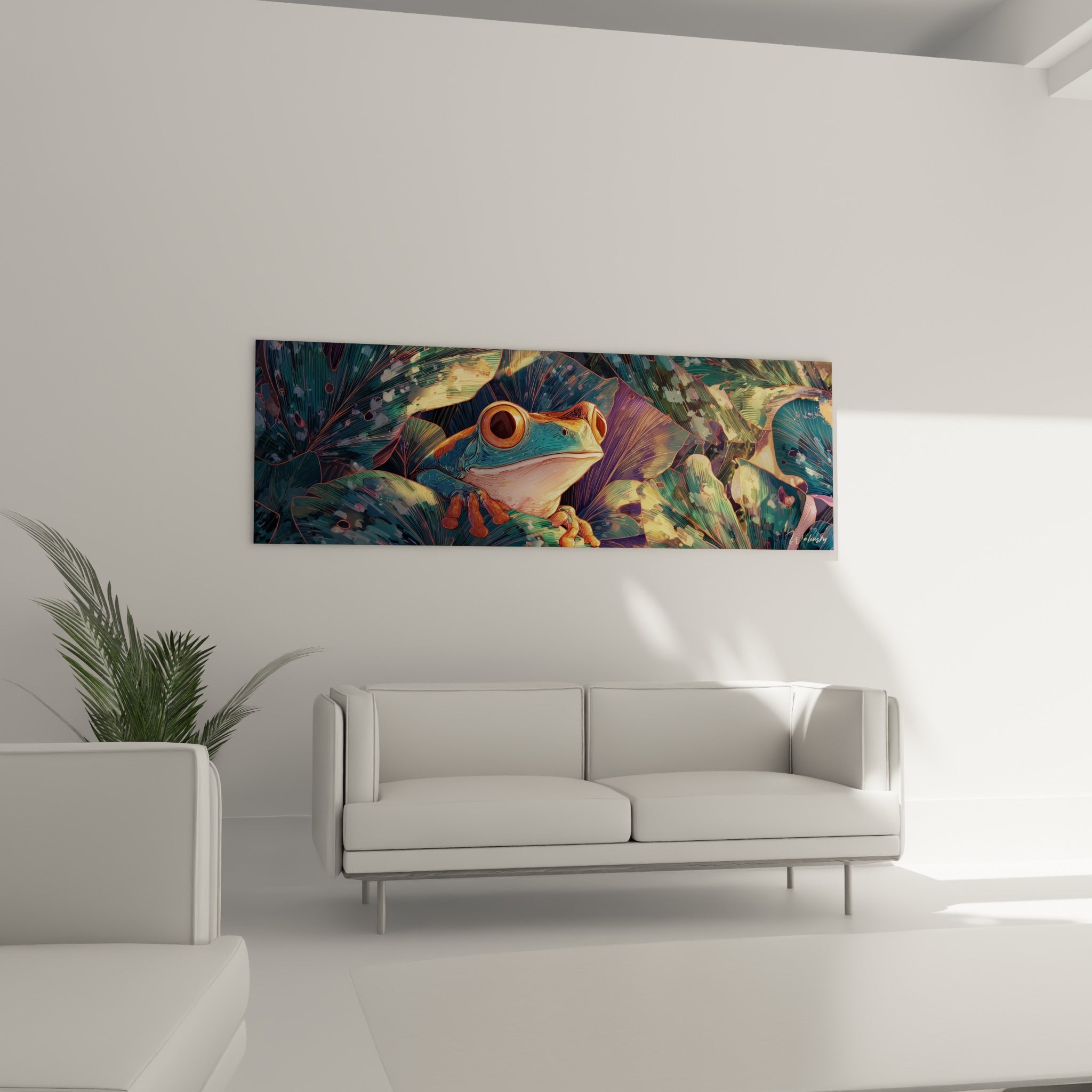 Créature nocturne au ventre blanc et yeux dorés placée au-dessus d'un canapé dans un salon lumineux