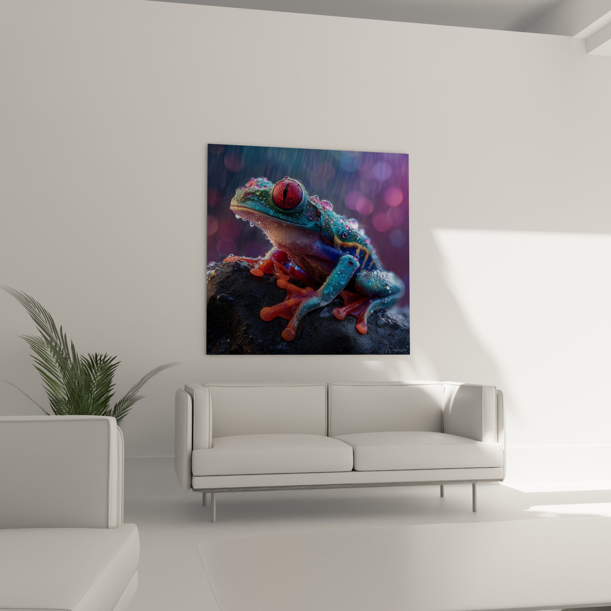 Batracien perlé de rosée aux couleurs bleues et orange, au-dessus d'un canapé dans un salon lumineux