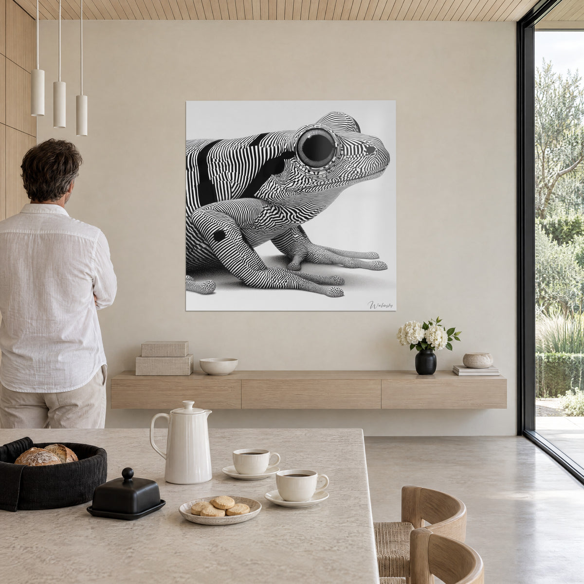 Quadro di una raganella grafica con motivi concentrici neri su bianco, muso rivolto a destra, un uomo di spalle davanti al muro in un soggiorno aperto