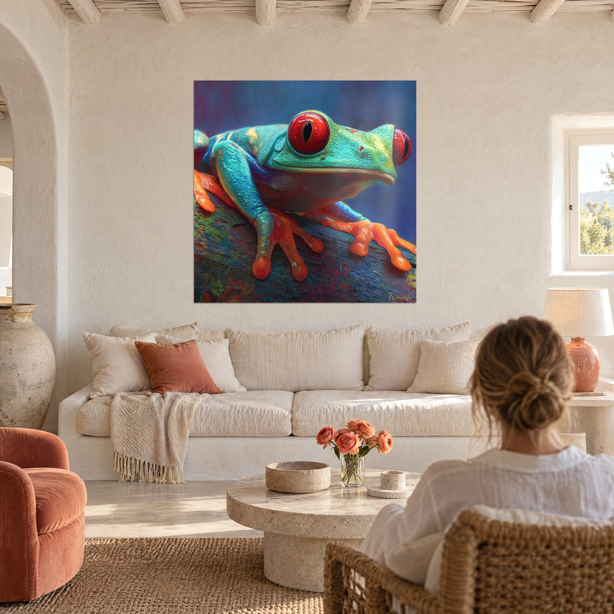 Wall art tree frog with bright red eyes, turquoise skin and orange feet, hanging on a white wall above a sofa in a bright living room