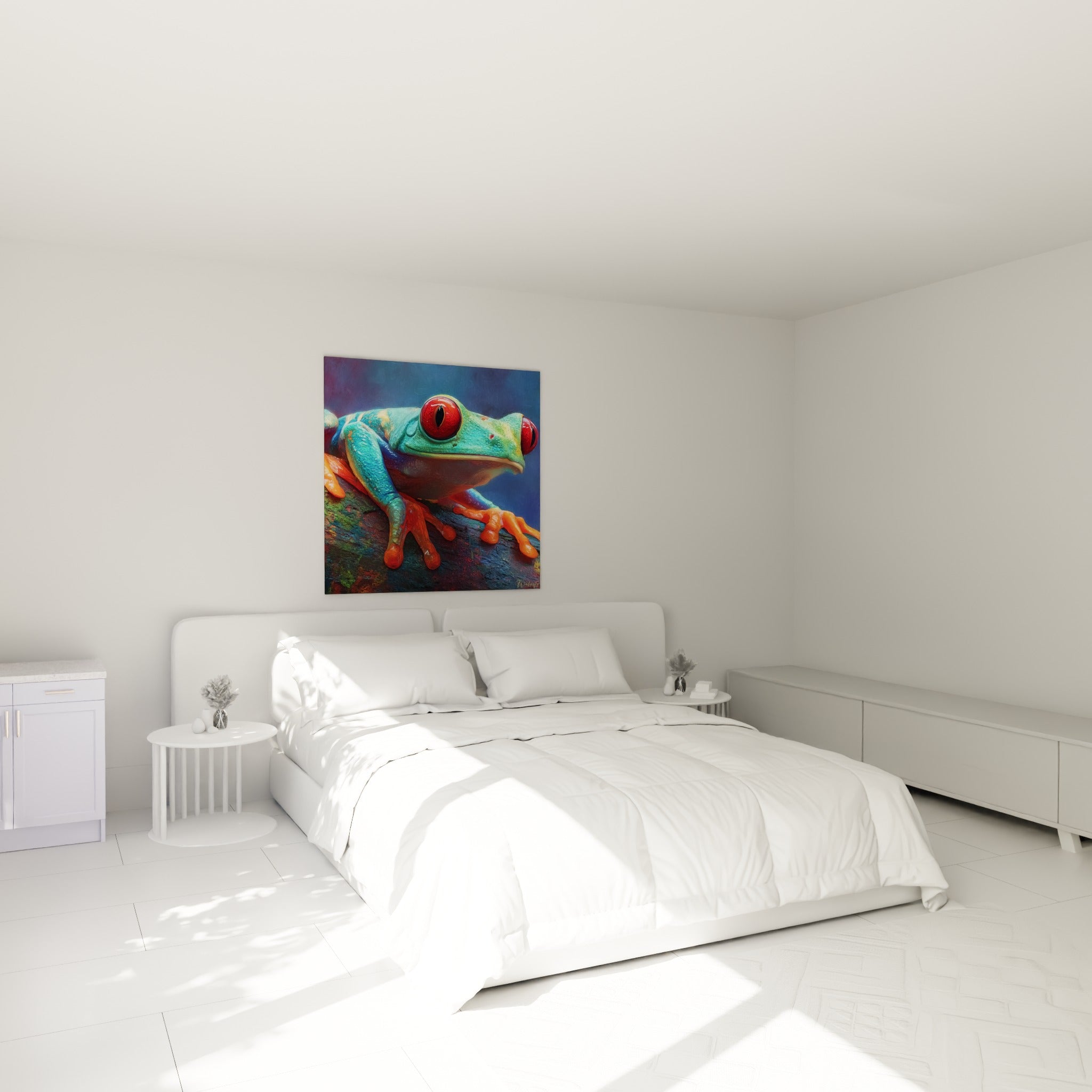Amphibien turquoise et orange aux yeux écarlates accroché au-dessus d'un lit dans une chambre claire