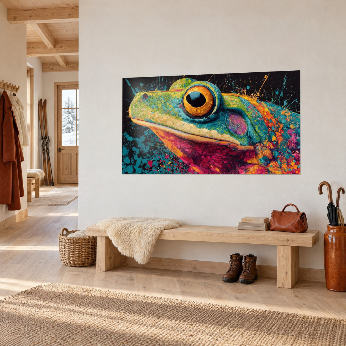 Wall art amphibian in thick impasto, fuchsia throat and anise-green snout, turquoise highlights on black background, chalet entrance