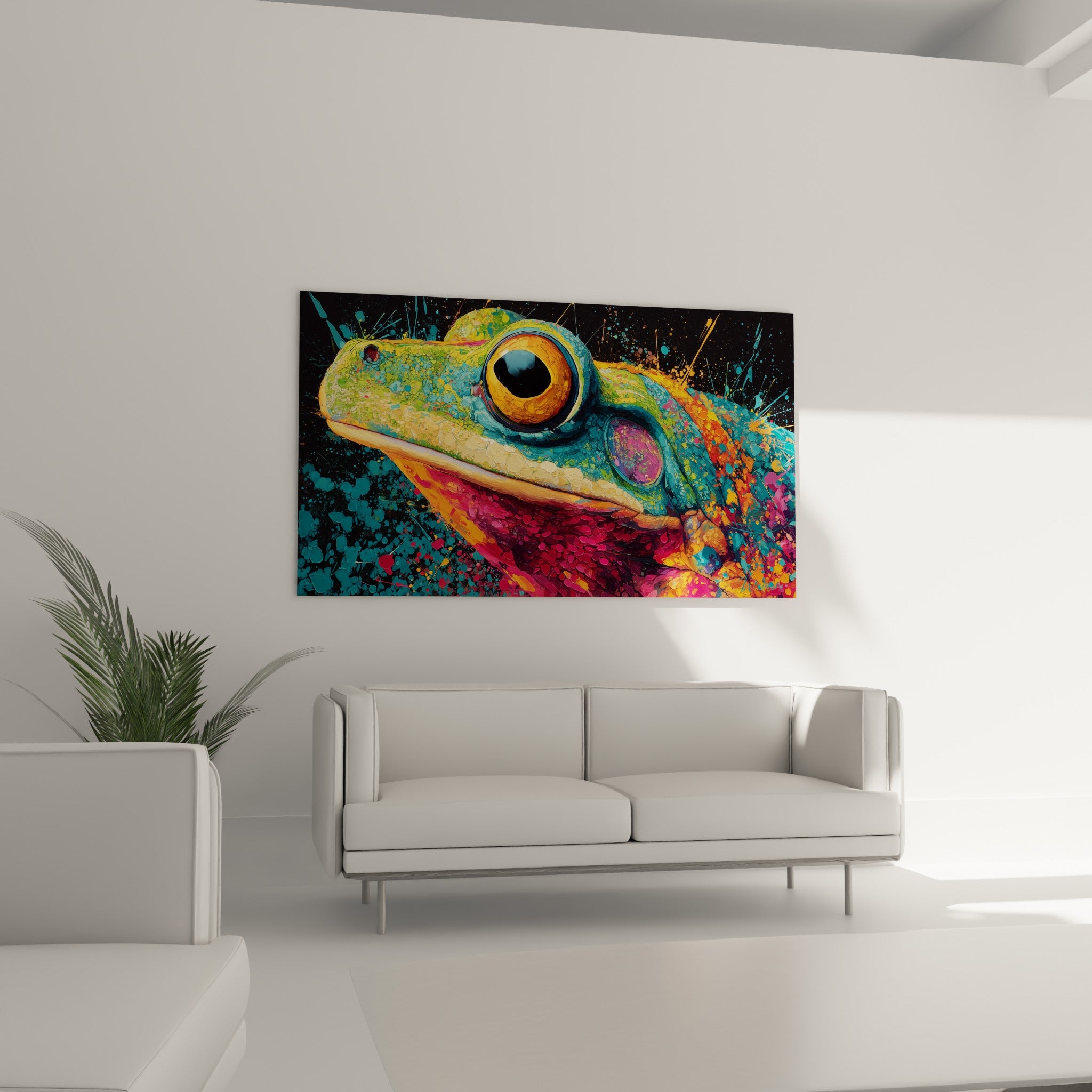 Amphibien peint en turquoise et orange doré au-dessus d'un canapé dans un salon lumineux