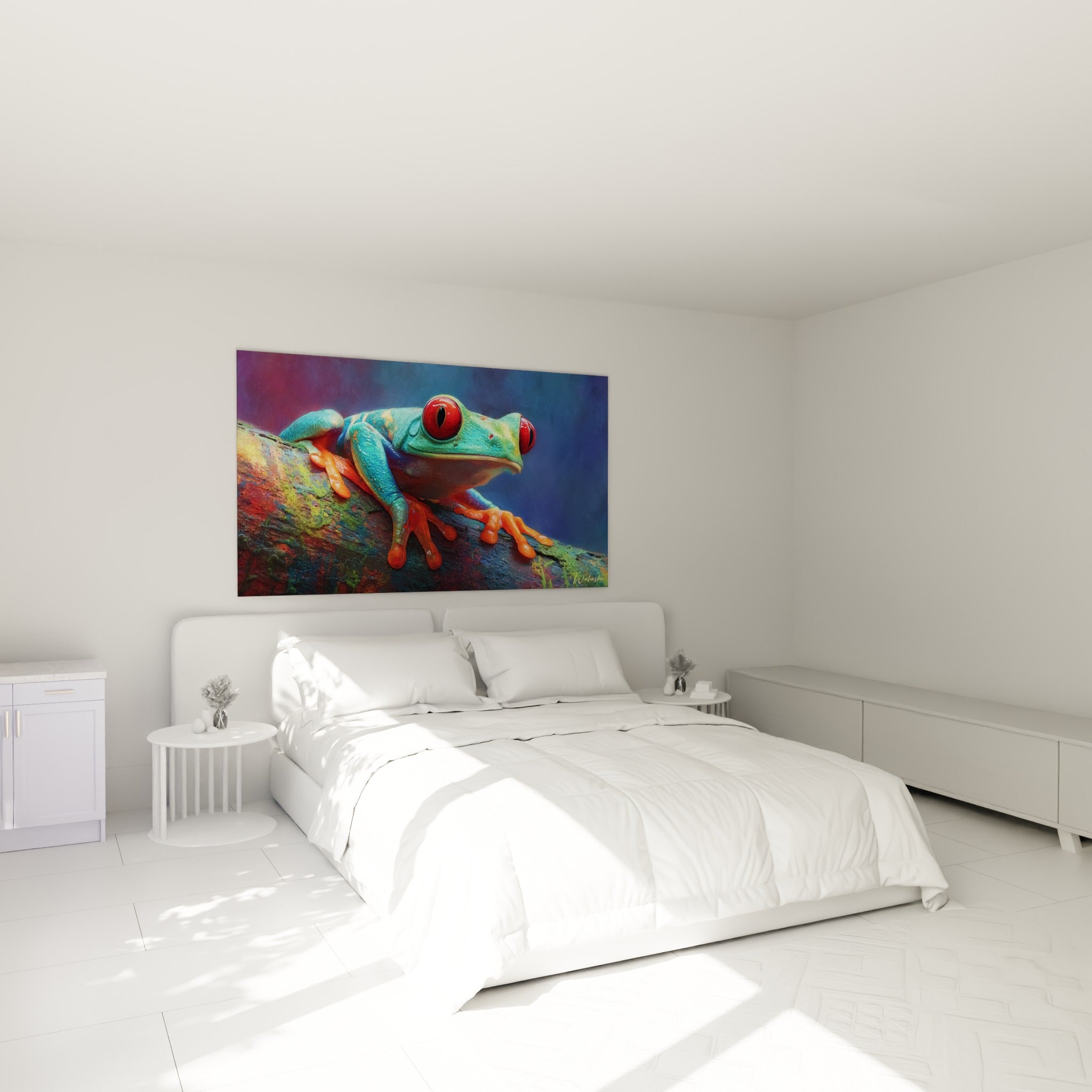 Amphibien turquoise et orange aux yeux rouges perché sur bois, au-dessus d'un lit dans une chambre claire