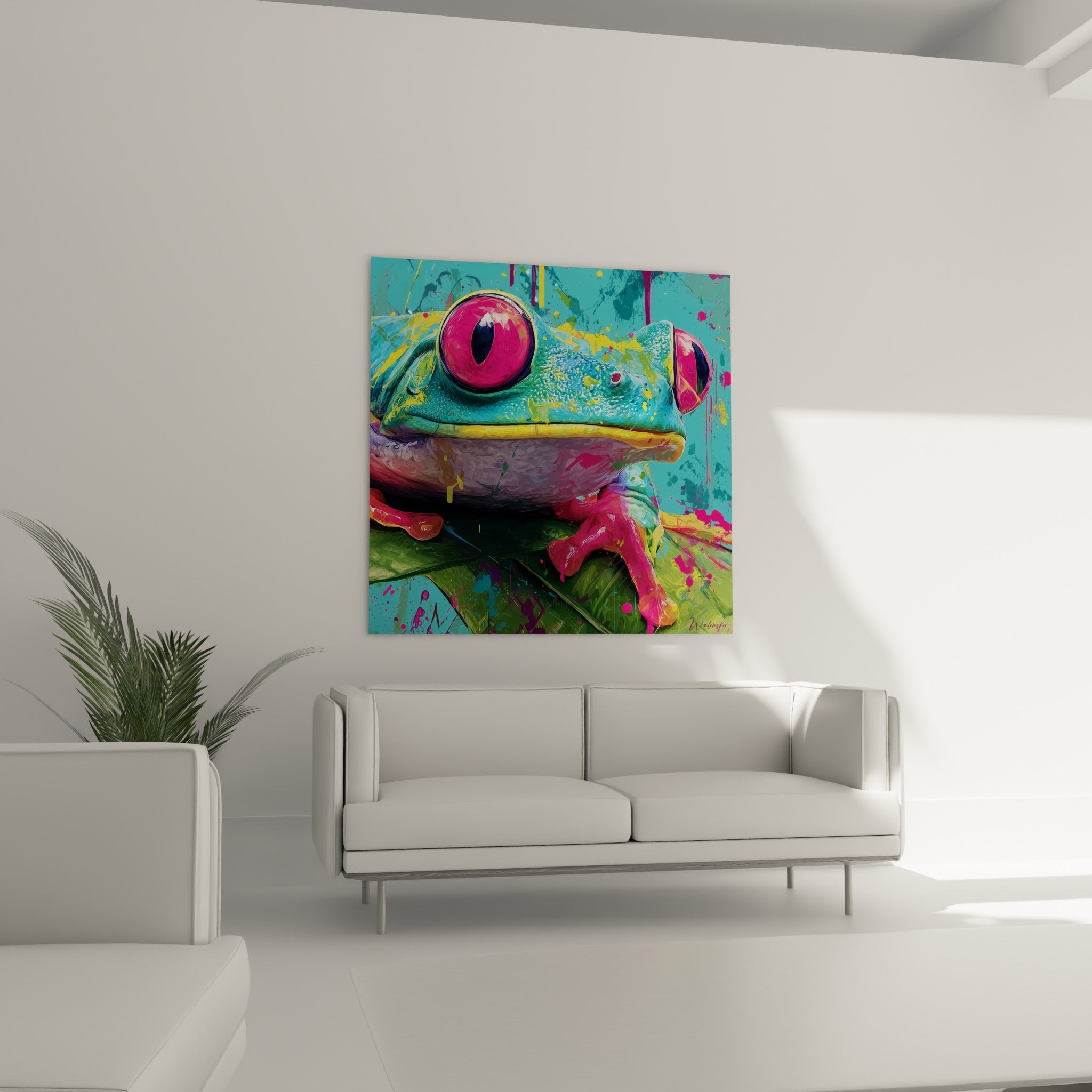Amphibien vibrant aux pattes corail et fond bleu-vert au-dessus d'un canapé dans un salon lumineux