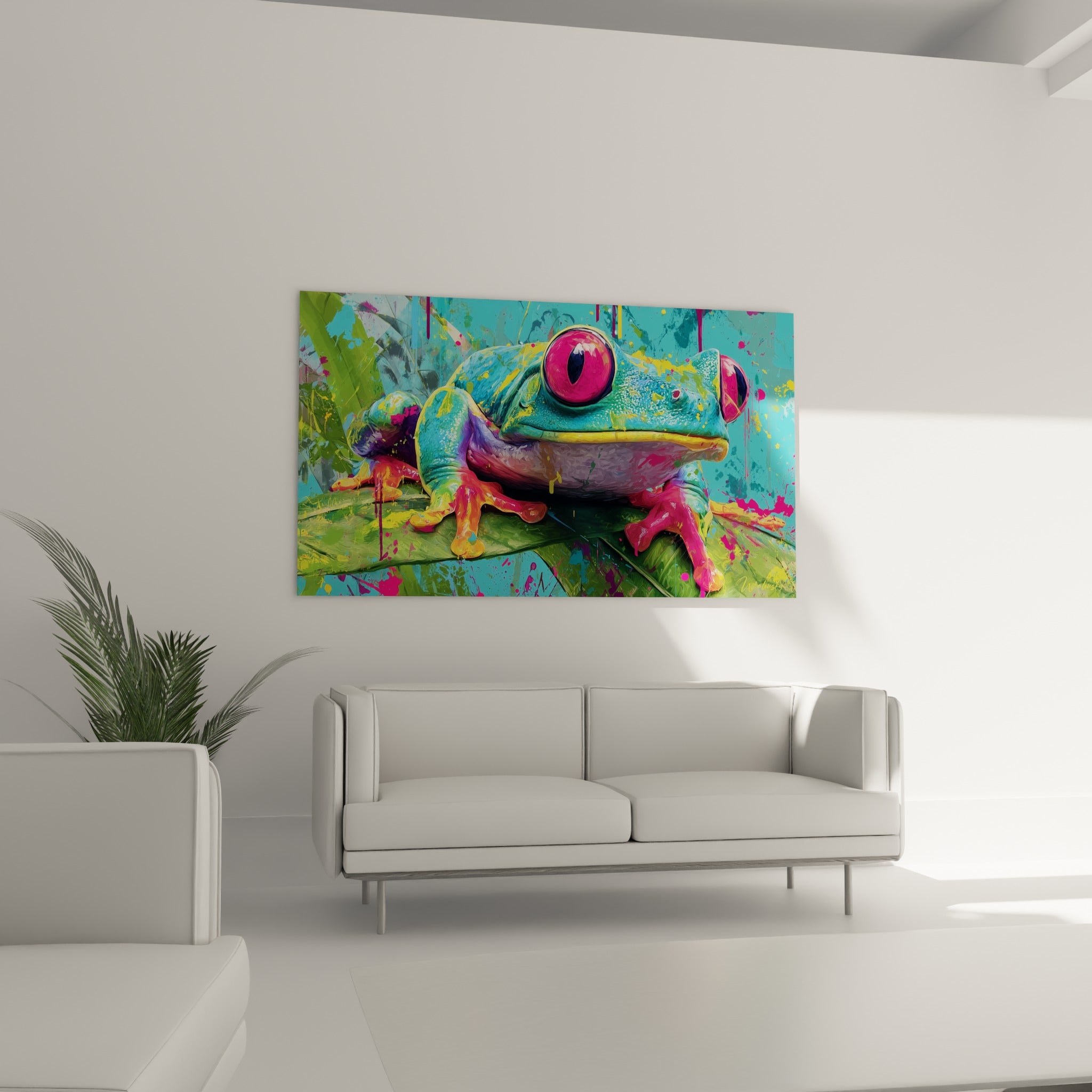 Pattes orange vif et peau granuleuse de la grenouille au-dessus d'un canapé dans un salon lumineux