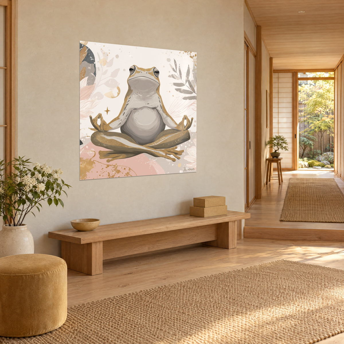 Gemälde Zen-Frosch mit Mudra-Händen, graue Blätter und Goldtupfer auf Creme, beige Wand eines Japandi-Flurs