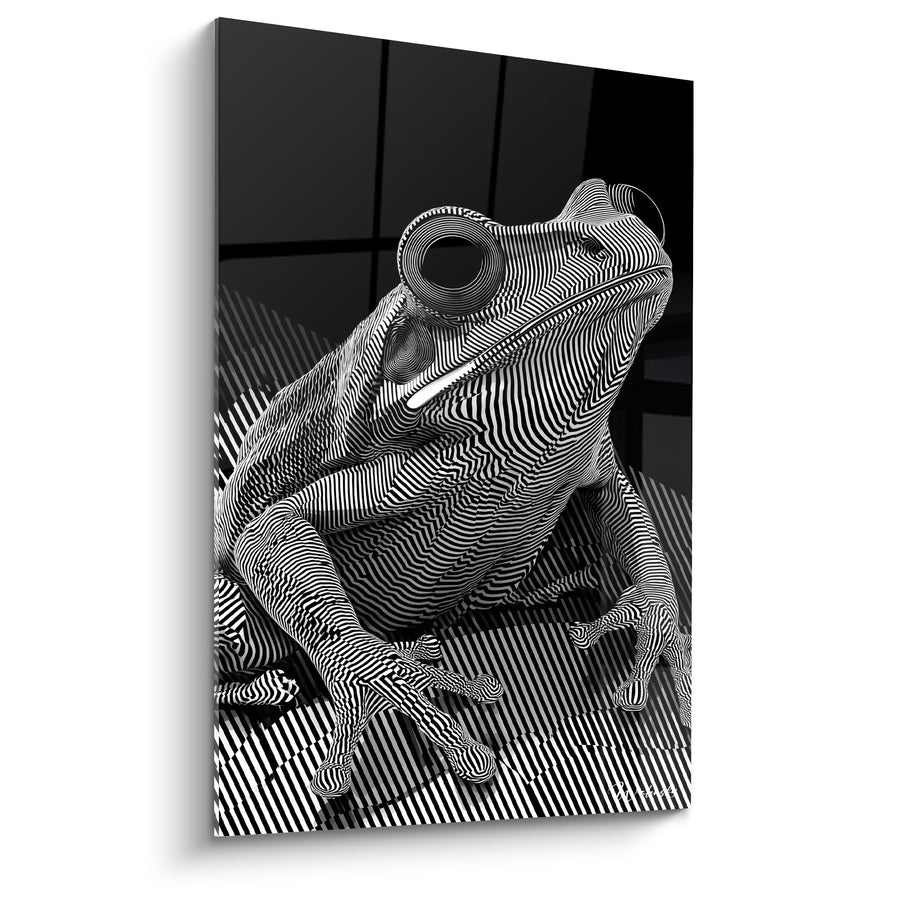 Tableau Grenouille noire et blanche aux rayures ondulantes sur carrelage - Œil en spirale - Edition grenouille