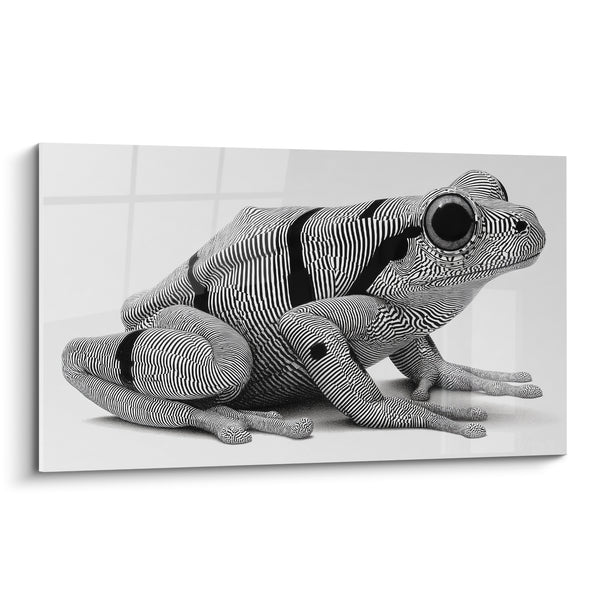 Tableau Grenouille noire et blanche aux lignes fines striées - Œil cerclé métallique - Edition grenouille