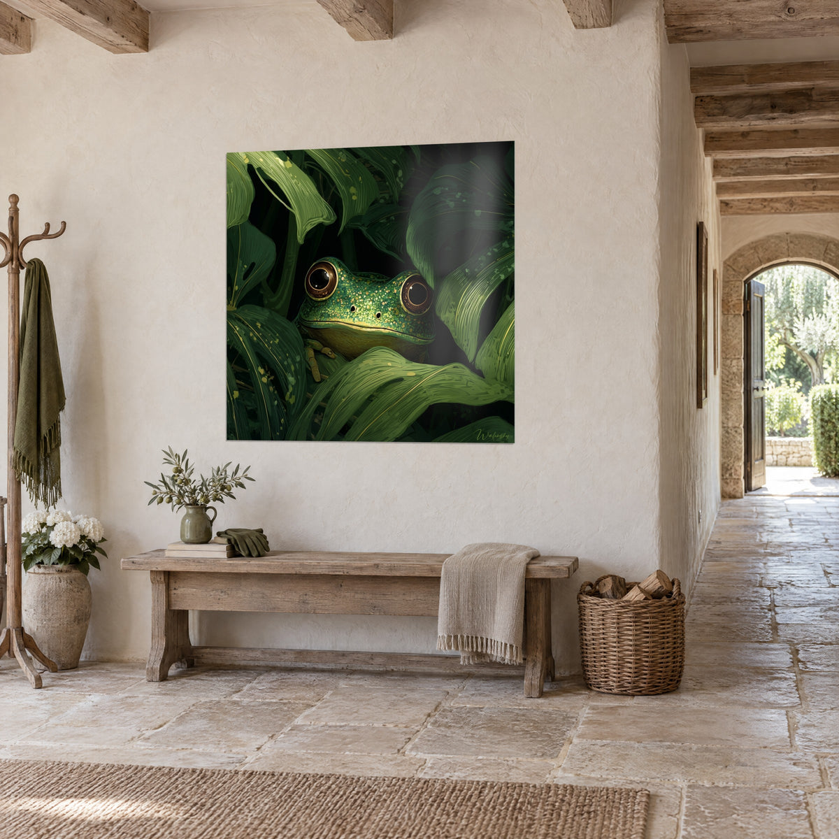 Wall art of an amphibian lurking behind dark green leaves, round brown and gold gaze, hung in a corridor of pale stone
