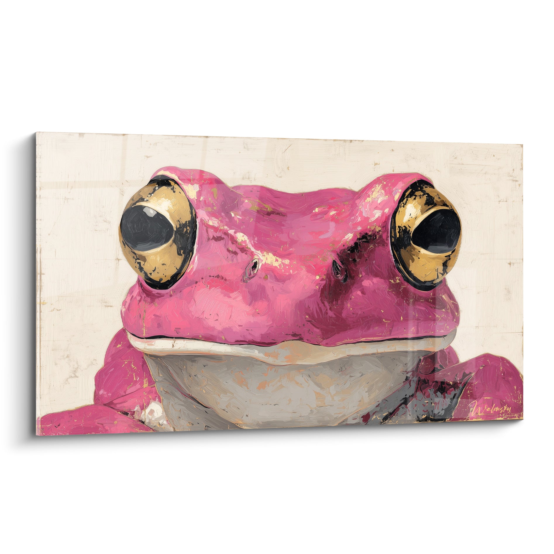 Grenouille rose fuchsia aux yeux dorés peinte en gros plan sur fond ivoire texturé