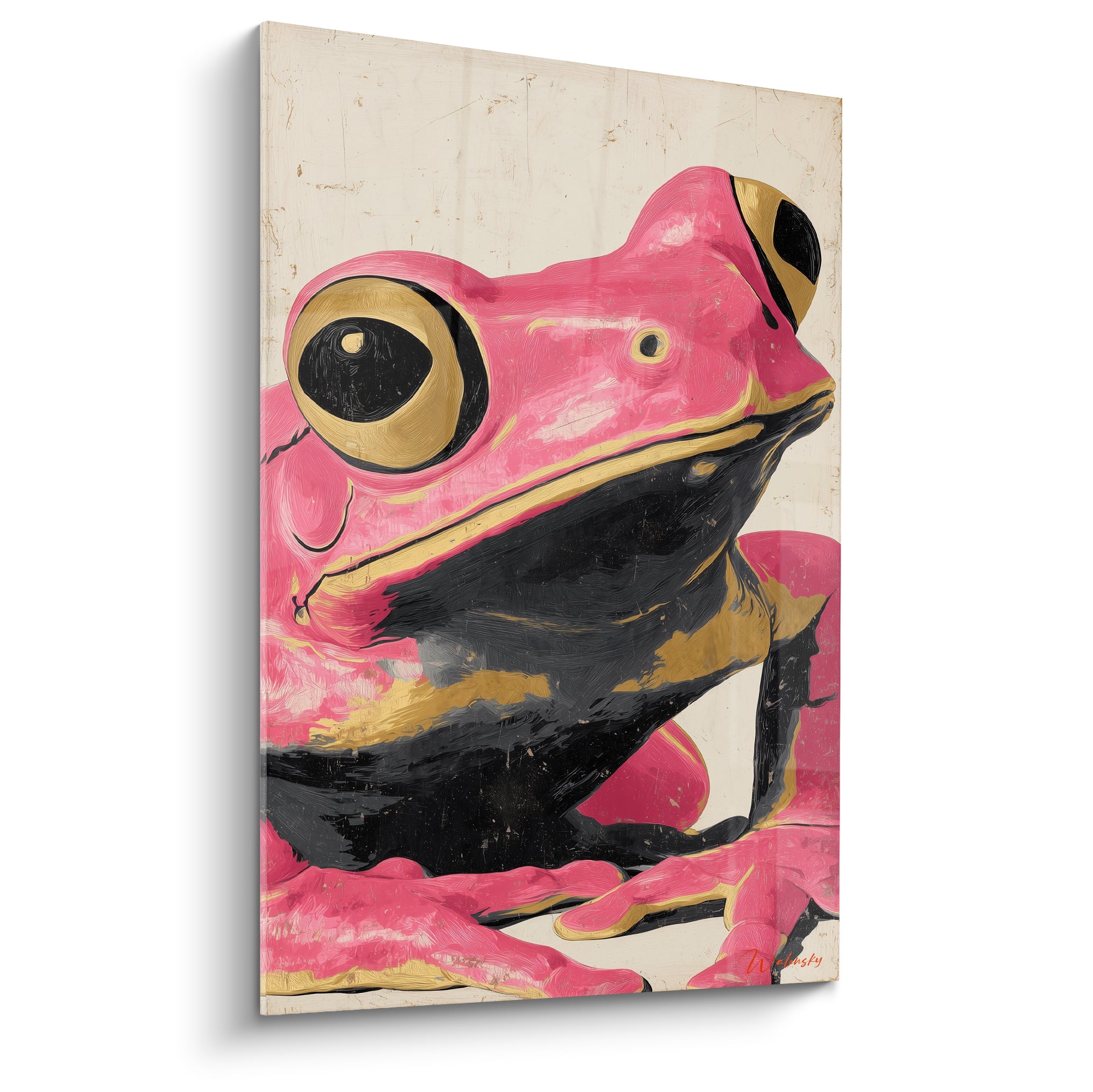 Grenouille rose fuchsia et noire aux yeux dorés, style pop art sur fond ivoire patiné