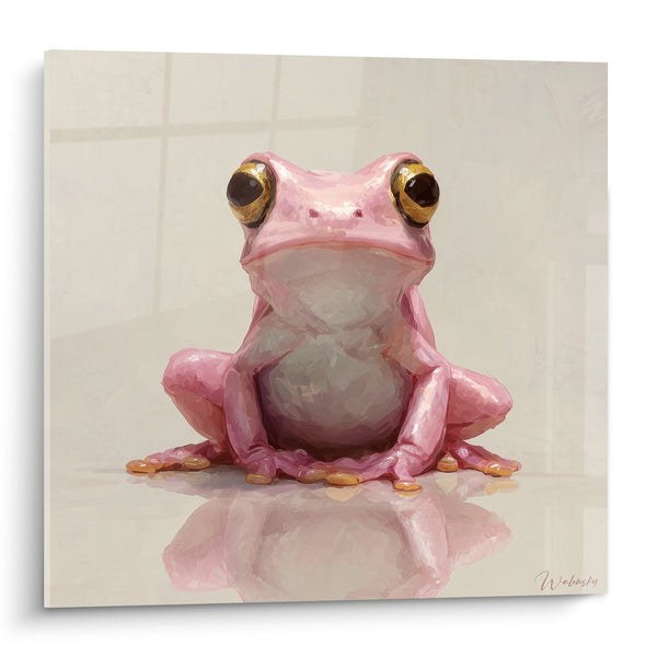 Tableau Grenouille rose et dorée sur carrelage réfléchissant - Sol carrelé miroitant - Edition grenouille