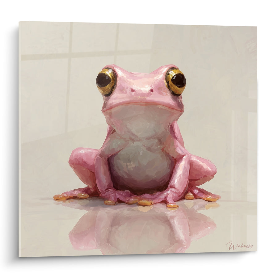 Tableau Grenouille rose et dorée sur carrelage réfléchissant - Sol carrelé miroitant - Edition grenouille