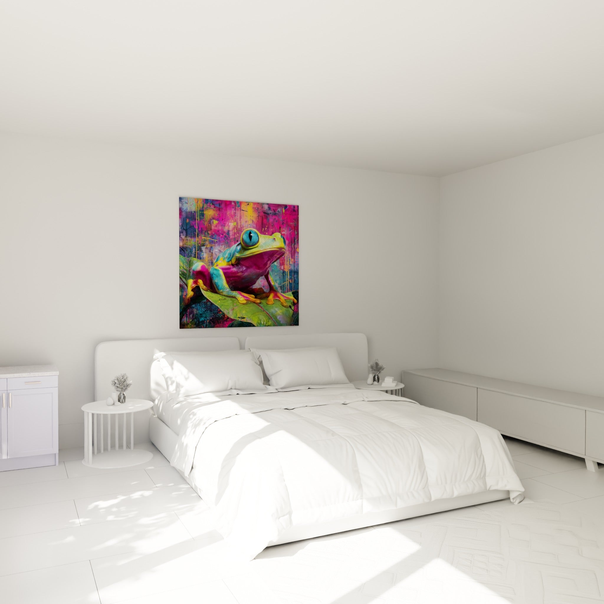 Amphibien coloré rose et turquoise accroché au-dessus d'un lit dans une chambre claire
