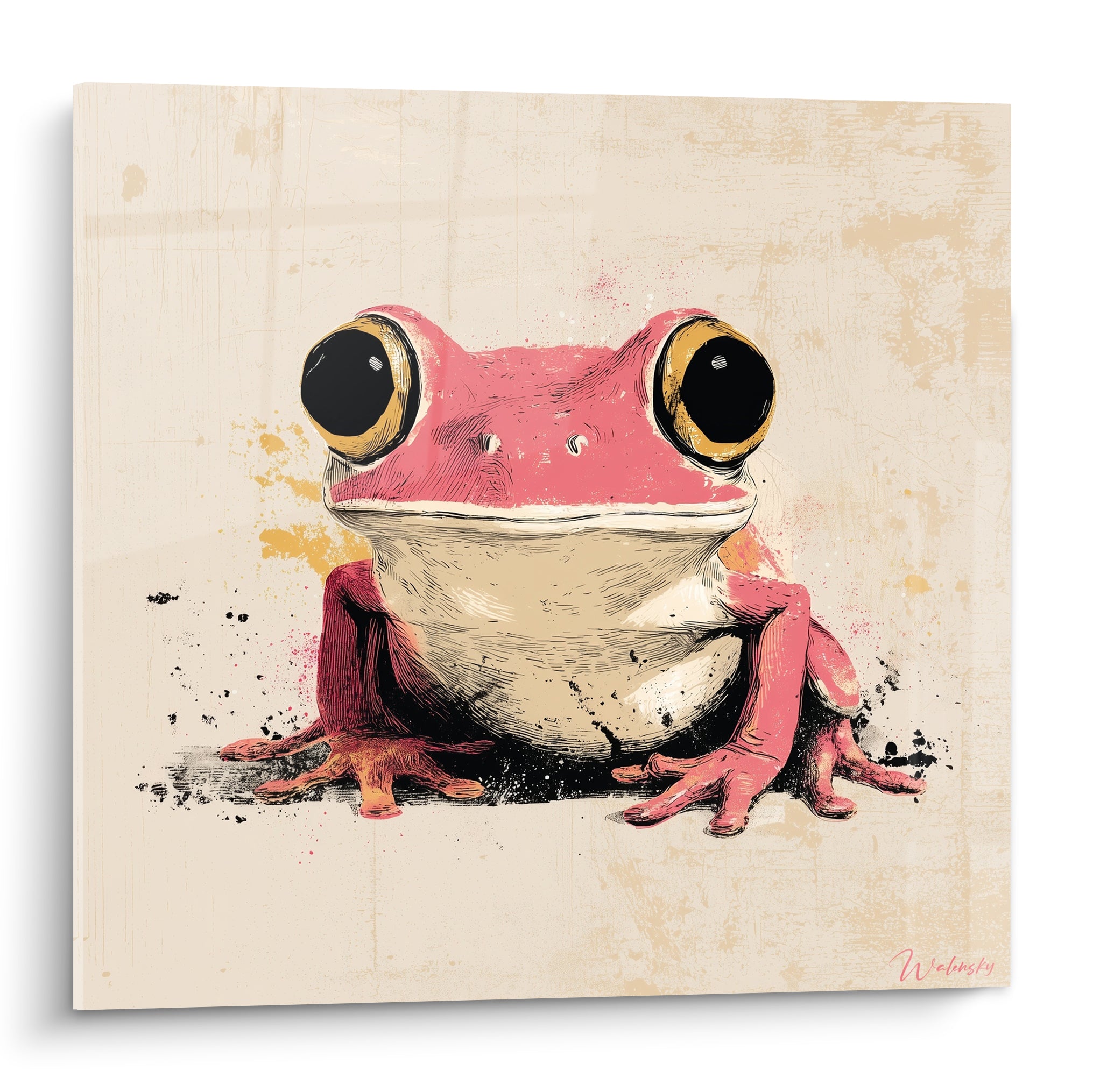 Grenouille rose aux yeux dorés cerclés de noir, fond beige texturé éclaboussé d'encre