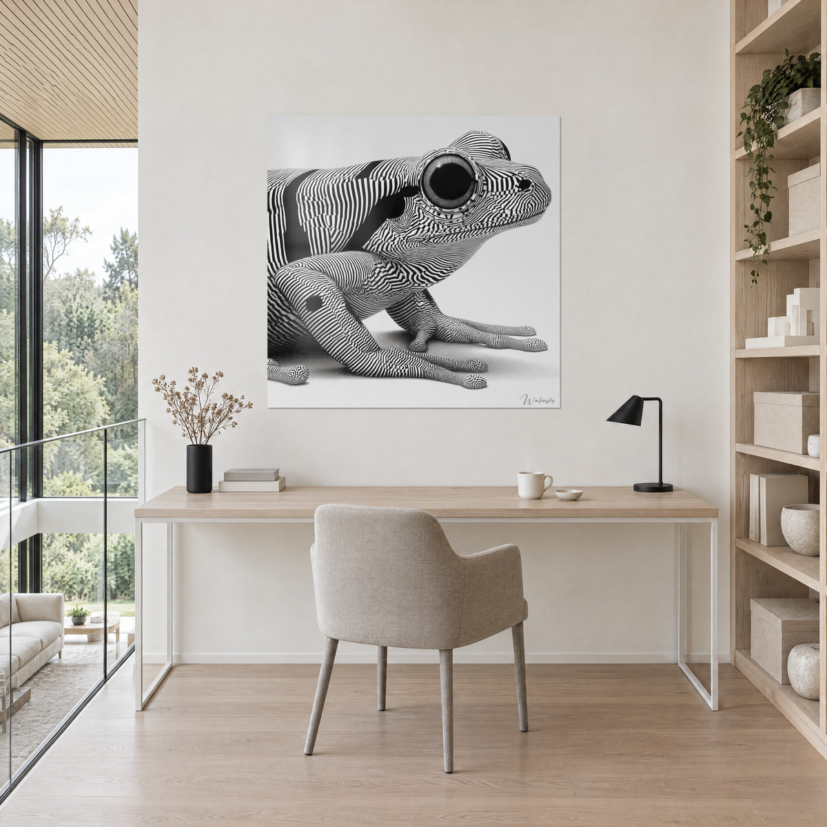 Quadro di un rospo ottico a striature bianche e nere, pupilla nera profonda, appeso sopra una scrivania in legno chiaro accanto a una libreria