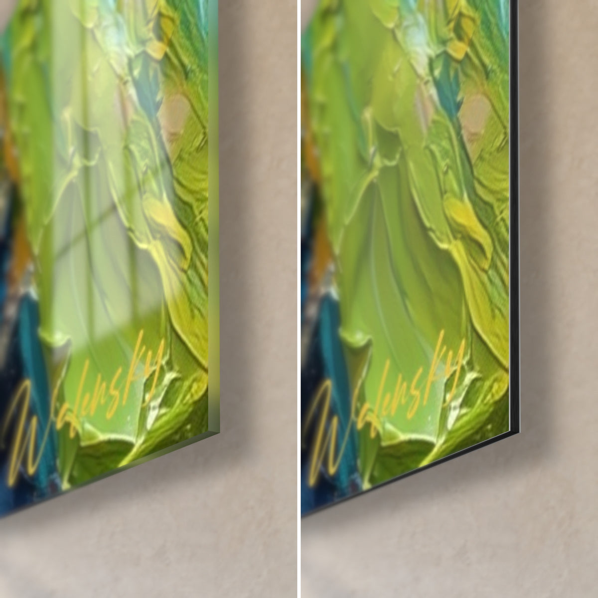 Schilderij kikker met appelgroene reflecties, rechtsonder, glanzend acrylglas en mat zwart Dibond, 3 mm rand