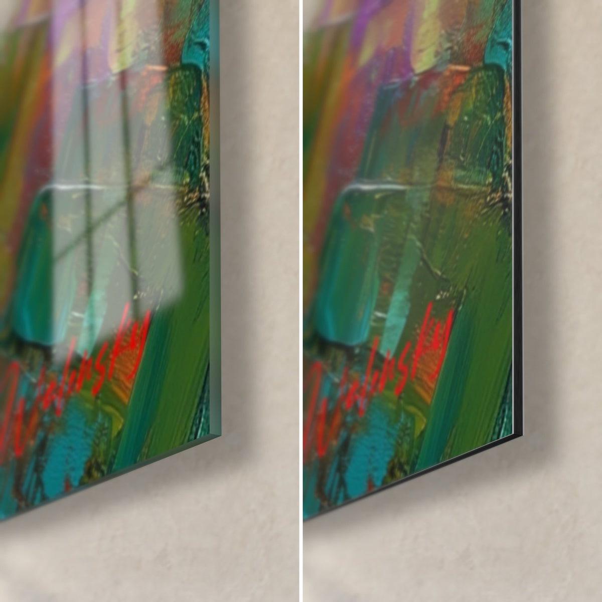 Gemälde Laubfrosch in Apfelgrün, untere rechte Ecke: glänzendes Acrylglas, das die Umgebung spiegelt, mattes Dibond, 3 mm Kante
