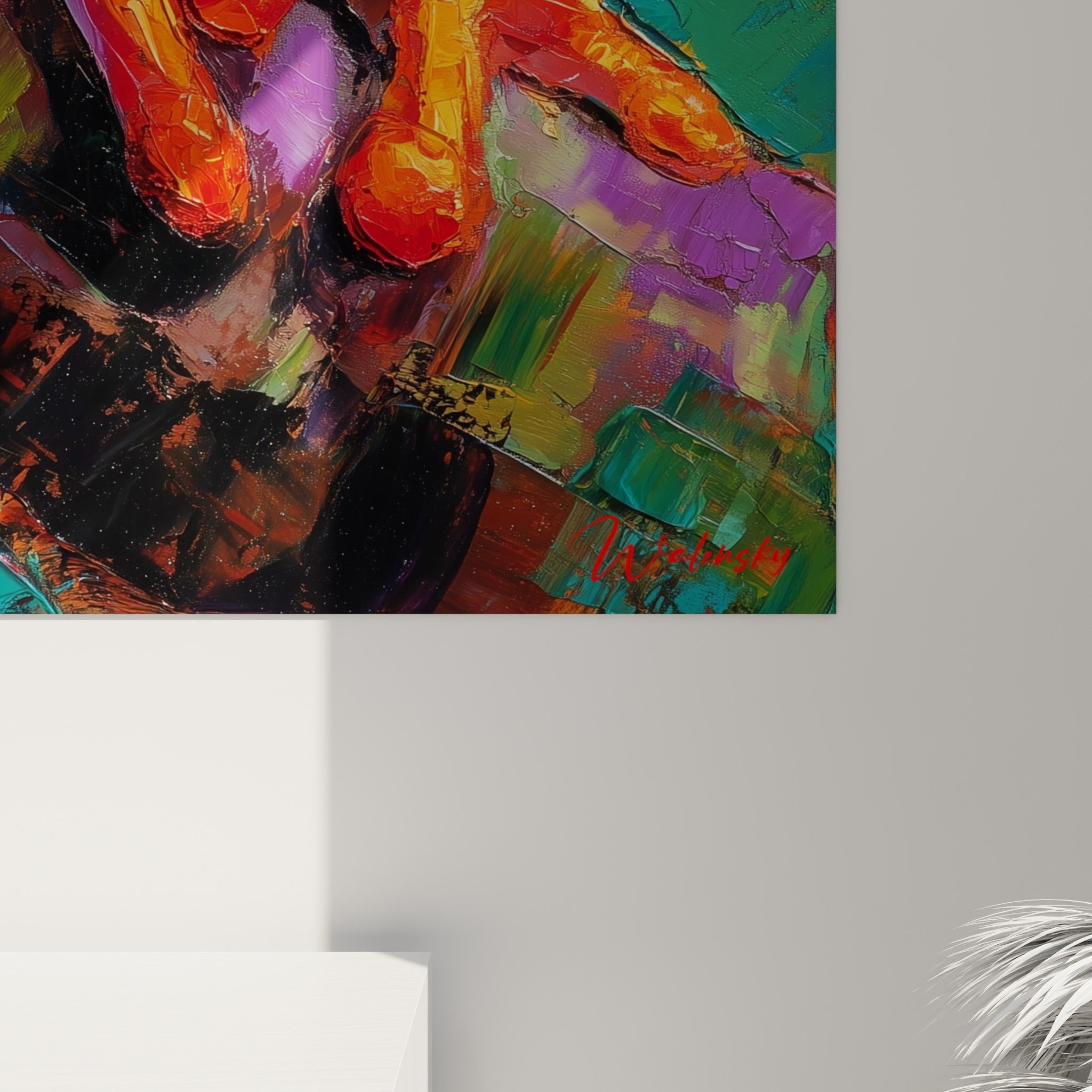 Empâtements colorés en vert, rouge et orange révélant la matière épaisse de la peinture au couteau