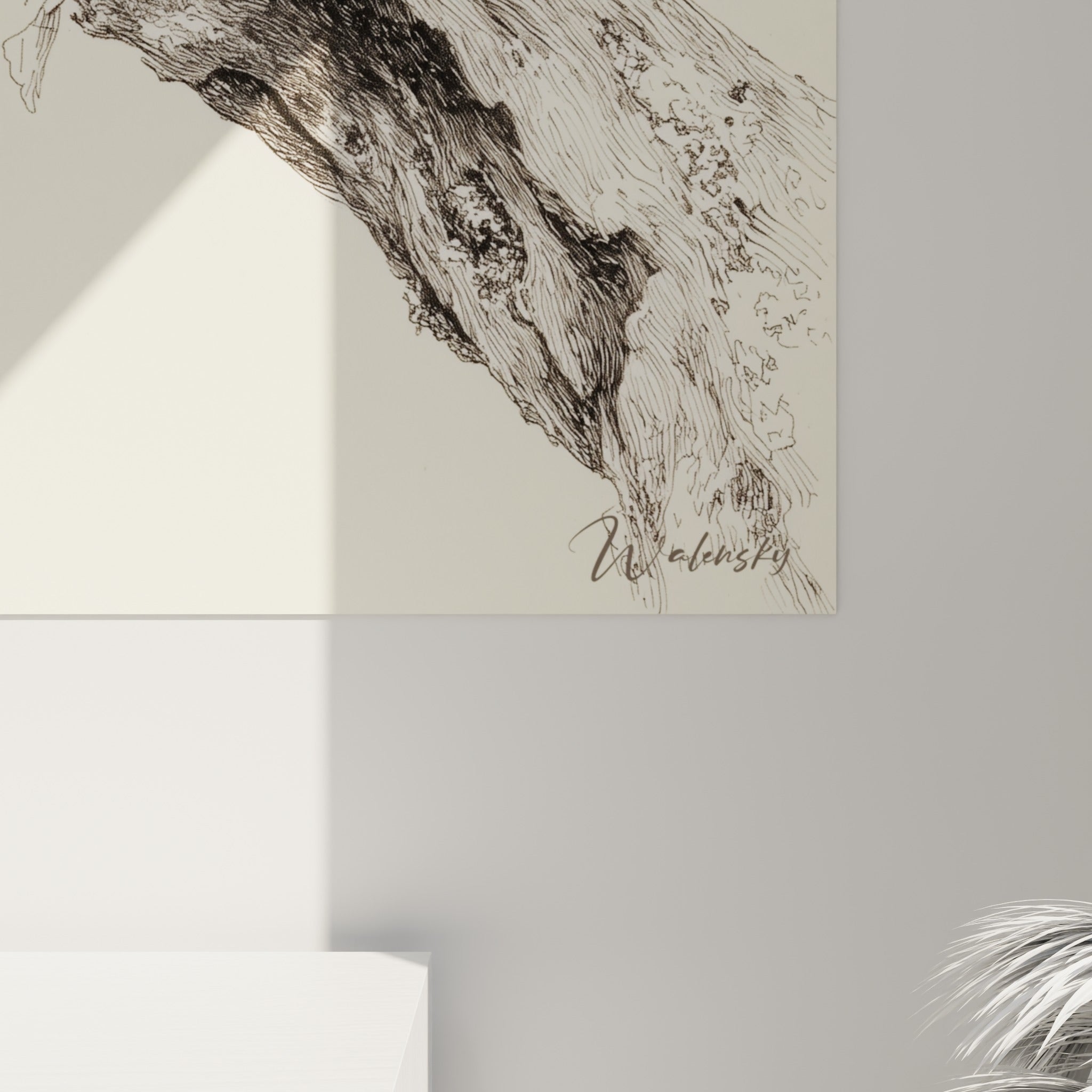 Empâtements fins et hachures noires révélant la texture granuleuse de la peau et l'écorce fissurée