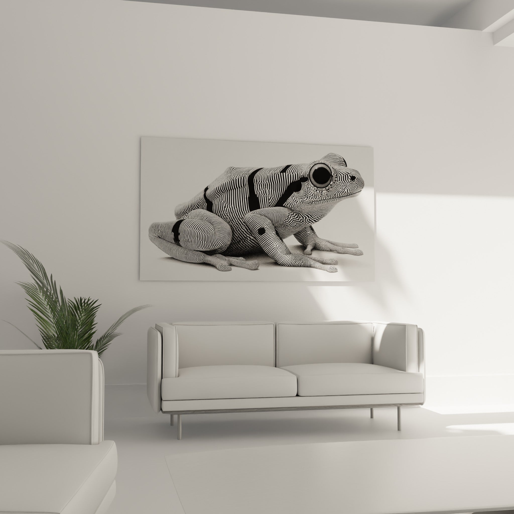 Corps texturé d'une grenouille graphique en lignes noires et blanches au-dessus d'un canapé dans un salon lumineux