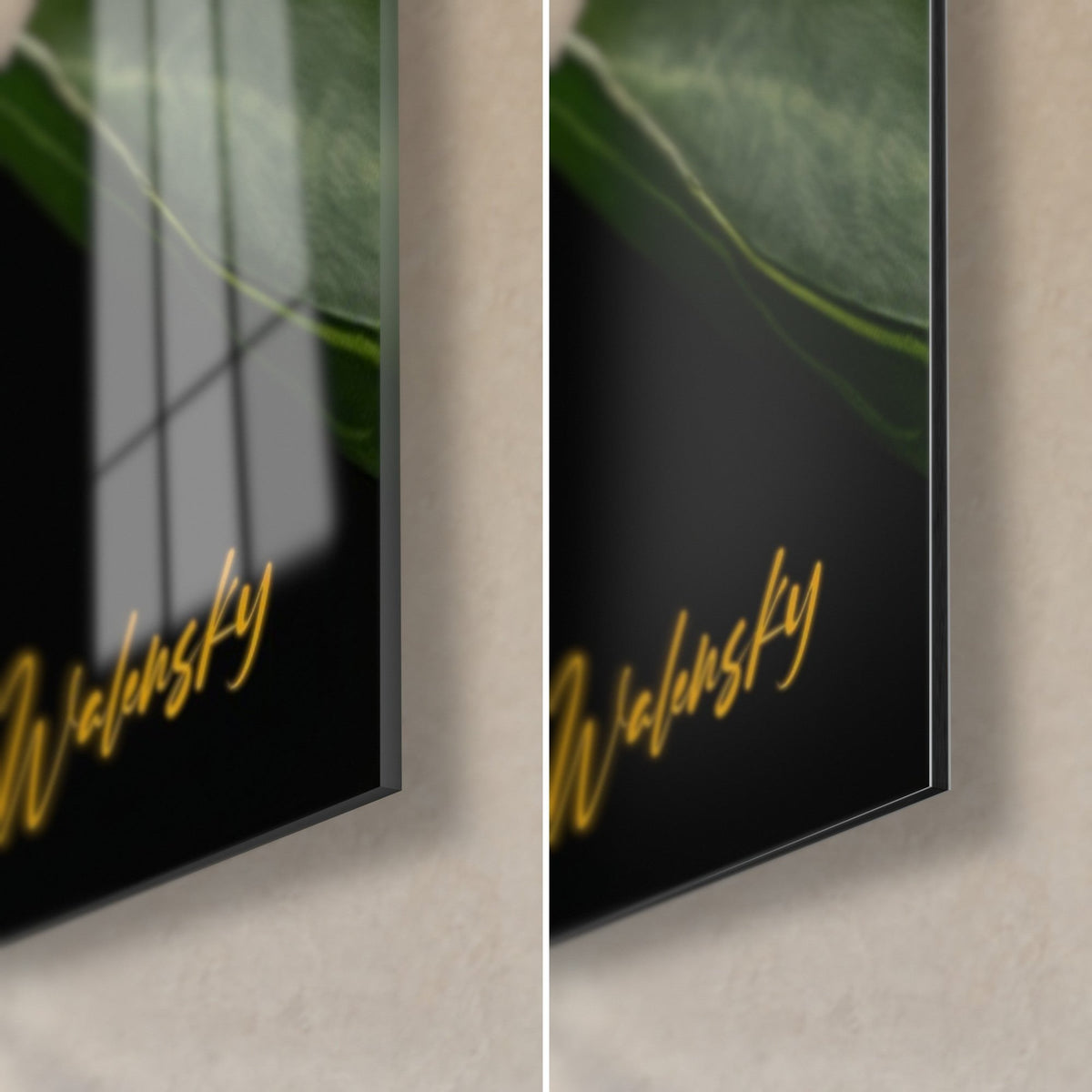 Wall art green and orange amphibian on dark leaf, bottom right corner: glossy acrylic glass with reflections, matte Dibond aluminium, 3 mm thickness