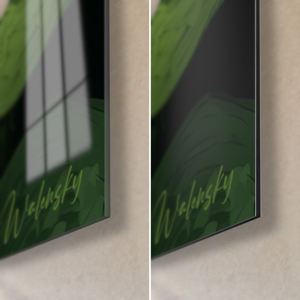 Wall art of a green tree frog speckled with gold, bottom right corner, glossy acrylic glass on the left, matte black Dibond aluminium on the right, slim edge