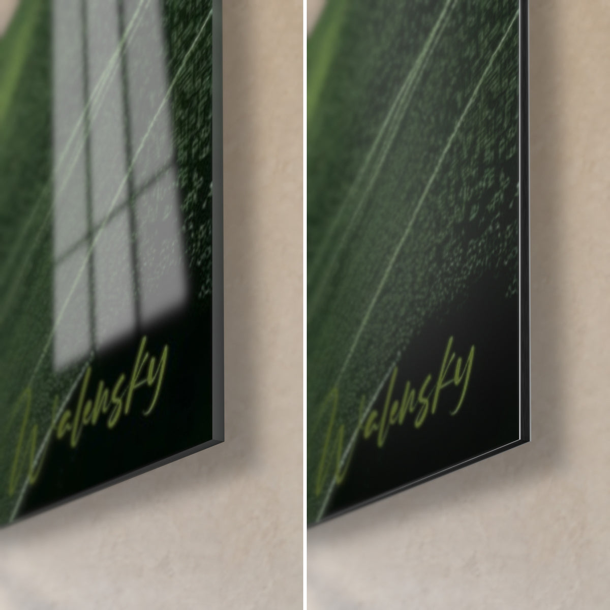 Schilderij groene anijs amfibie, rechter onderhoek: glanzend acrylglas met raamreflecties, mat zwart Dibond, rand van 3 mm