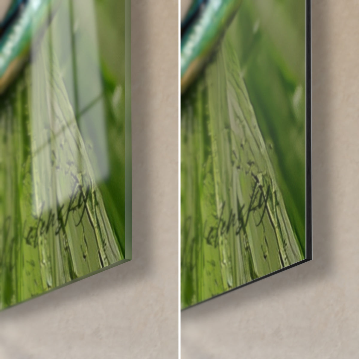 Wall art green amphibian with blue flanks veined in gold, bottom right corner: glossy glass on the left, matte black Dibond on the right