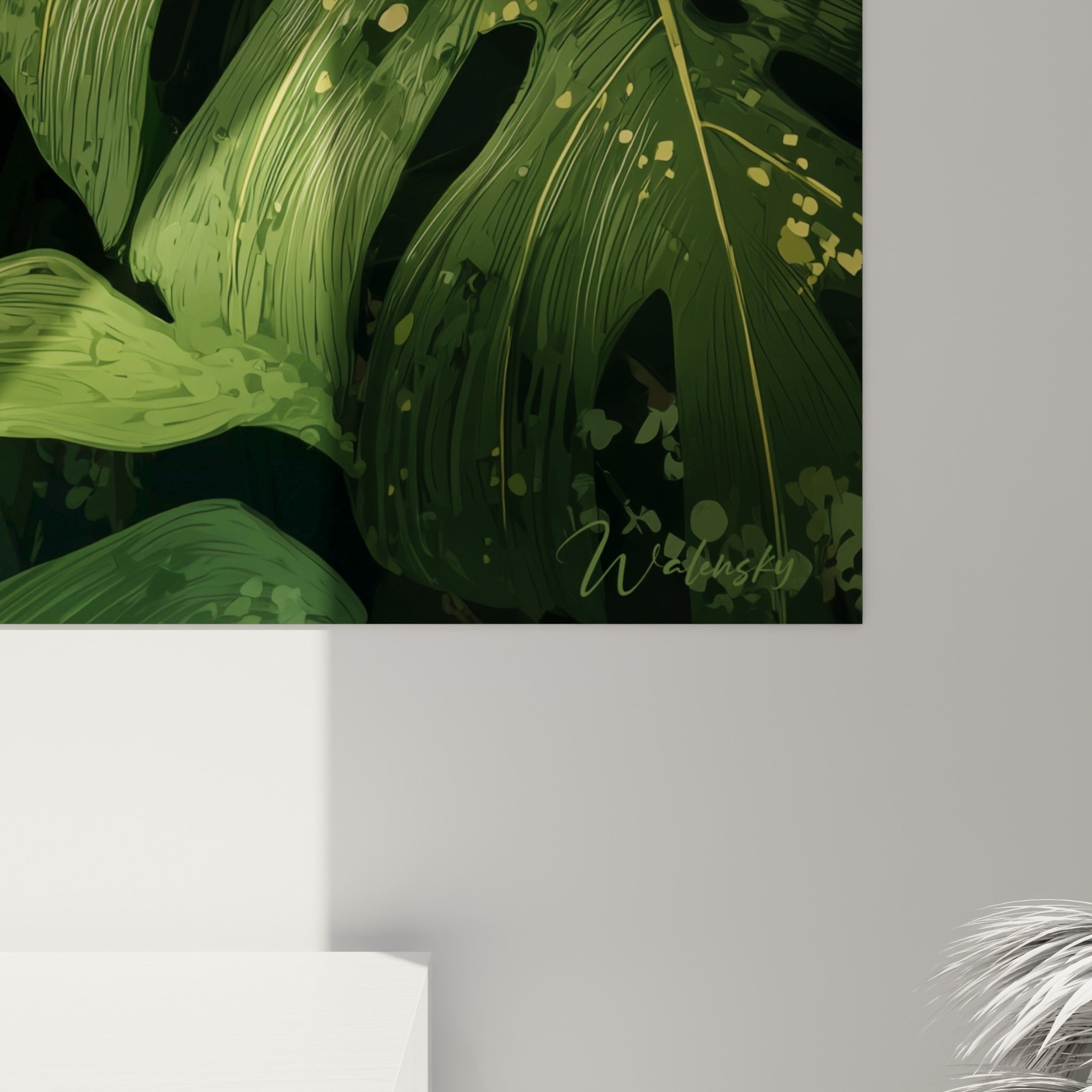 Détail rapproché des textures peintes, nervures dorées et peau mouchetée verte de la grenouille sur toile