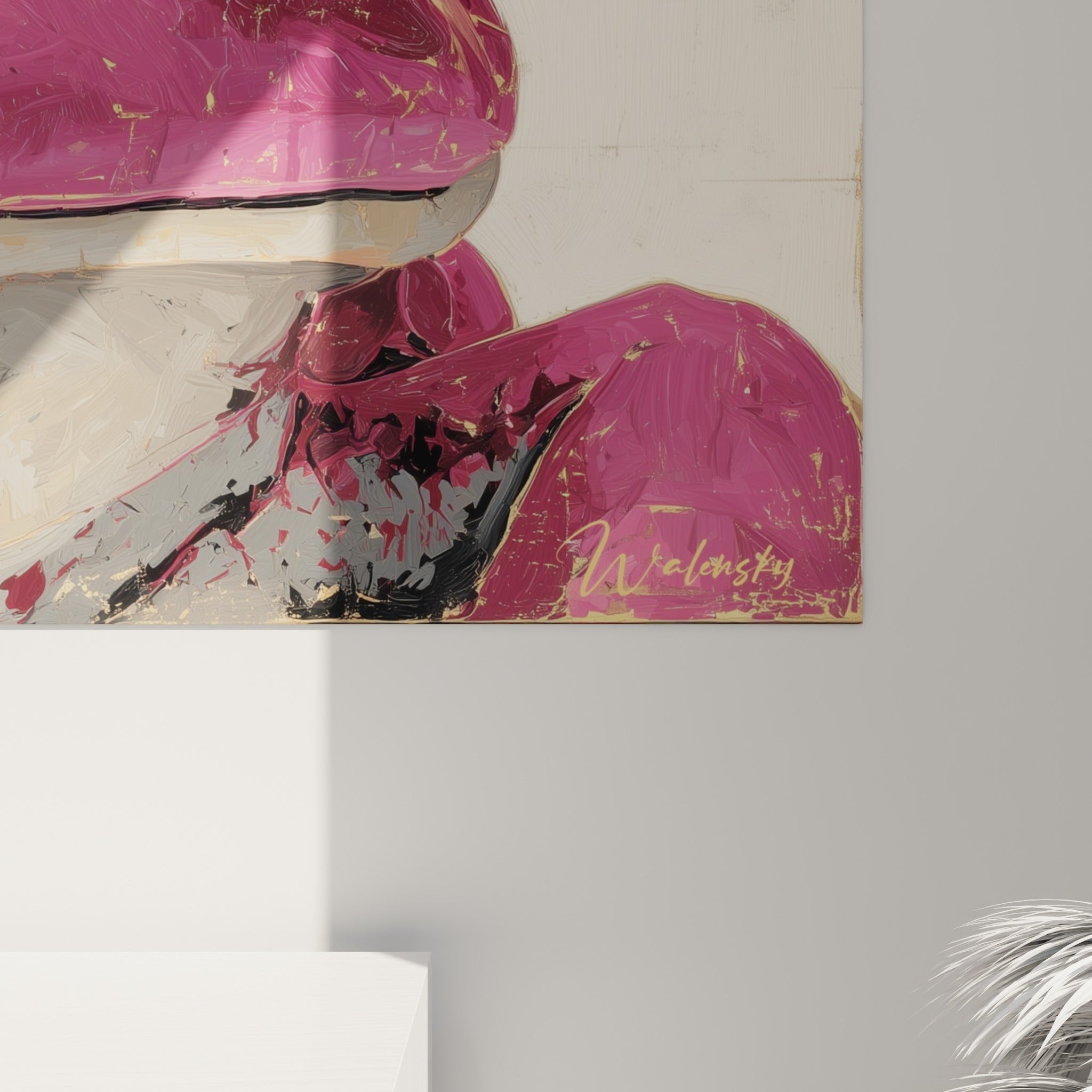 Empâtements roses et dorés visibles sur la toile de la grenouille, coulures et grain de peinture rapprochés