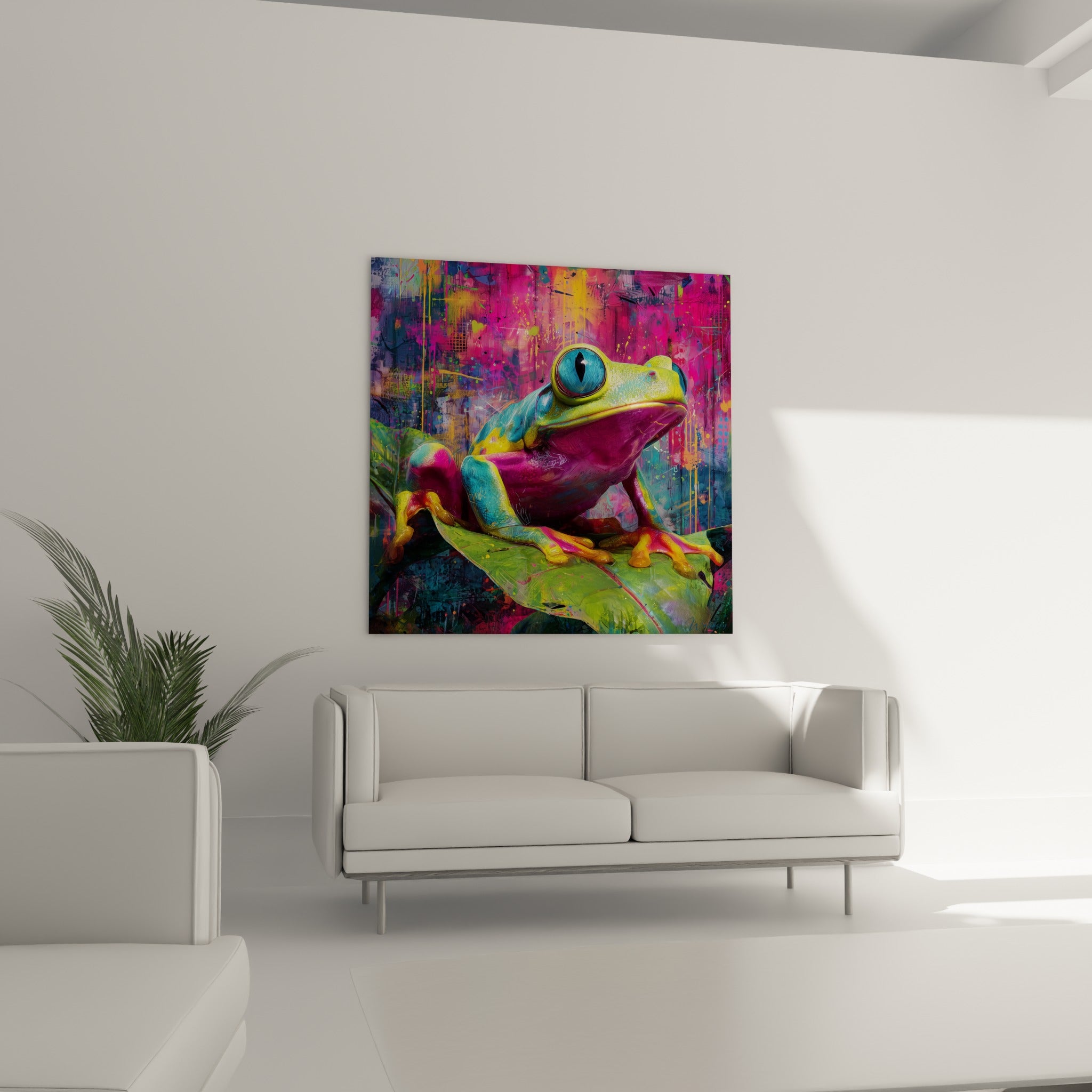 Batracien fuchsia à la posture accroupie affiché au-dessus d'un canapé dans un salon lumineux