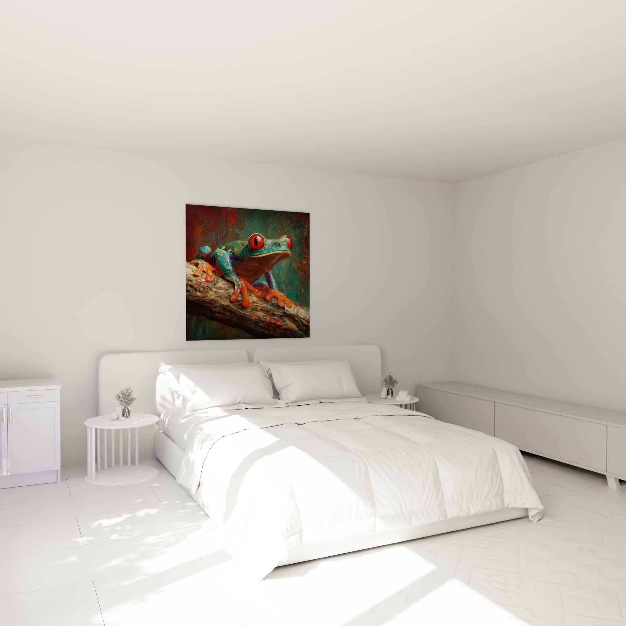 Grenouille turquoise aux pattes orange accrochée au-dessus d'un lit dans une chambre claire