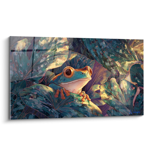 Tableau Rainette turquoise et cuivrée sur feuilles gingko - Doigts orangés repliés - Edition grenouille